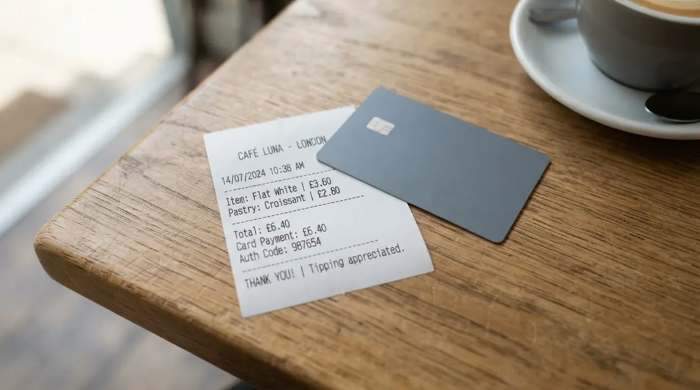 A receipt and a card on a café table