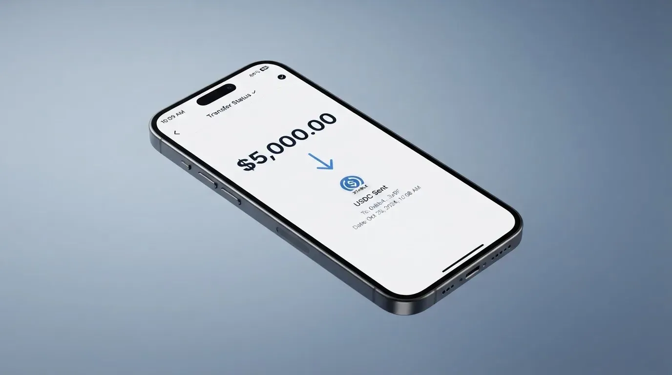 A phone showing a stablecoin transfer screen