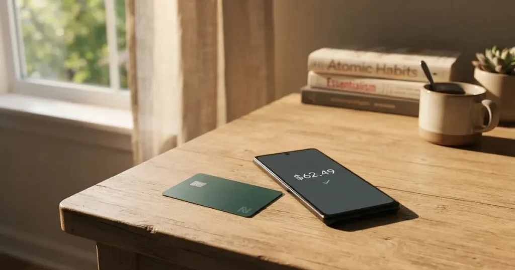 A payment card next to a phone with a crypto wallet app open
