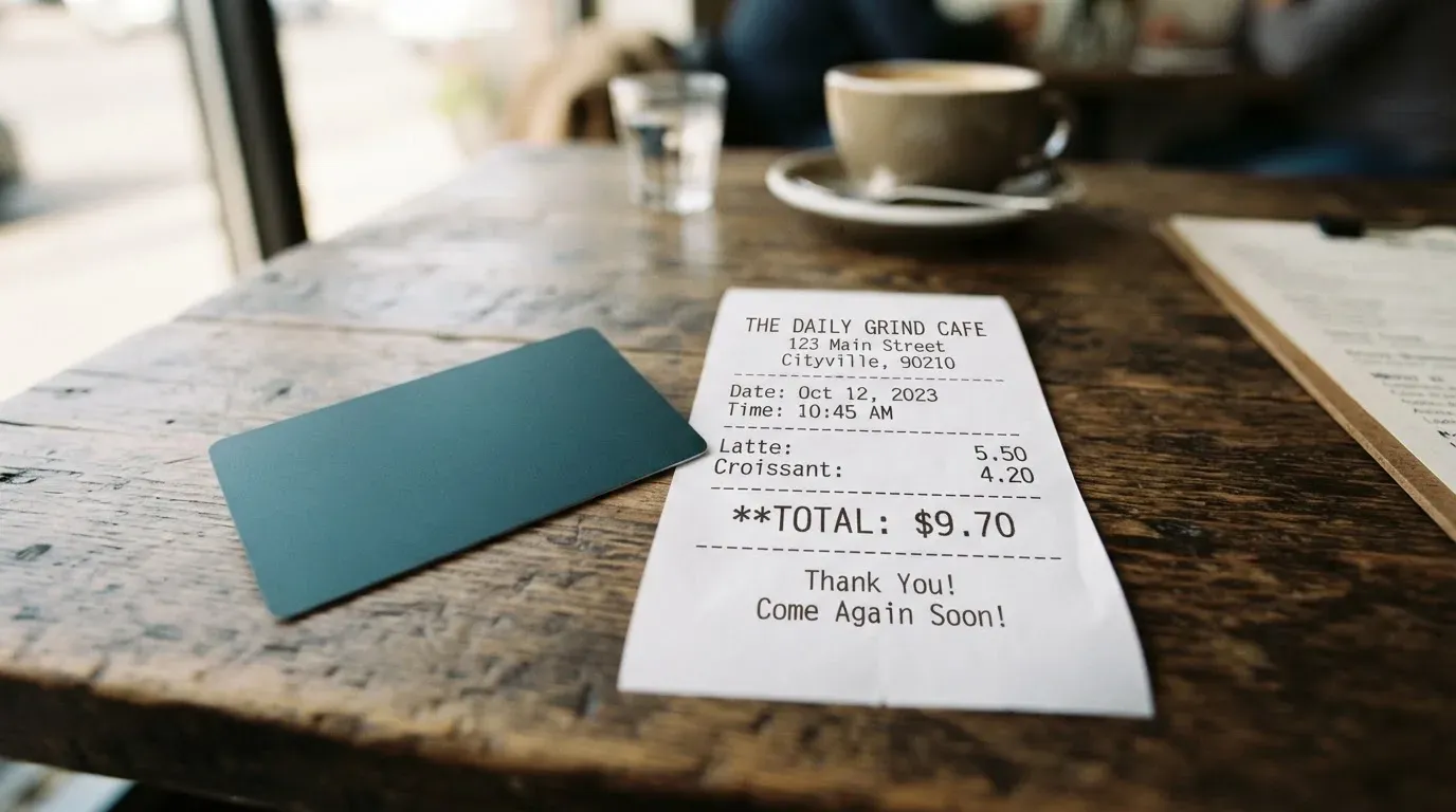 A receipt and a card on a café table