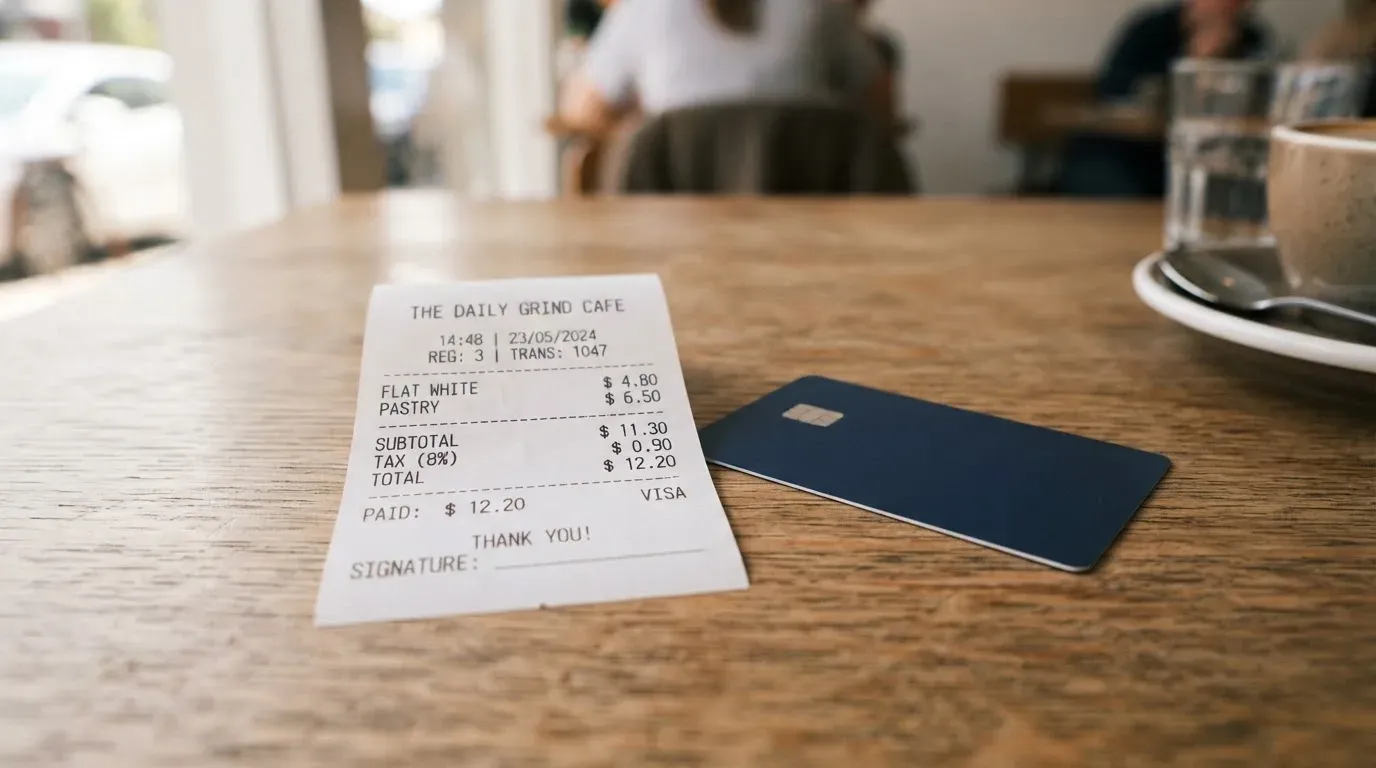 A receipt and a card on a café table