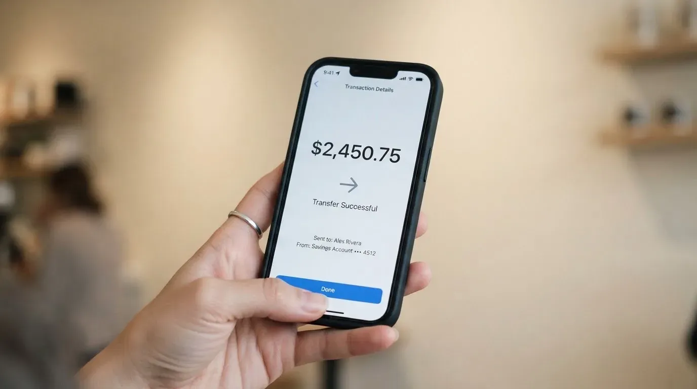 A phone showing a stablecoin transfer screen