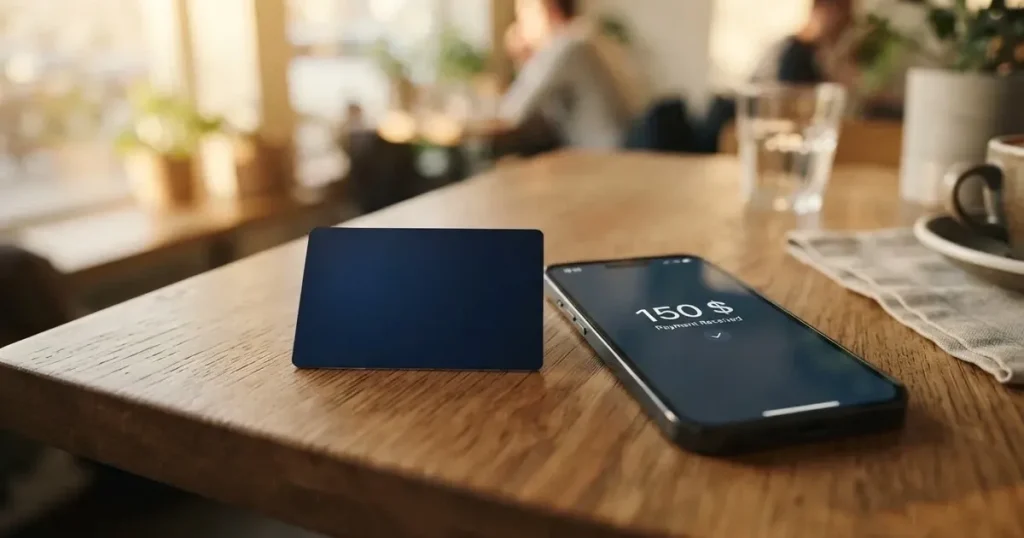 A payment card next to a phone with a crypto wallet app open