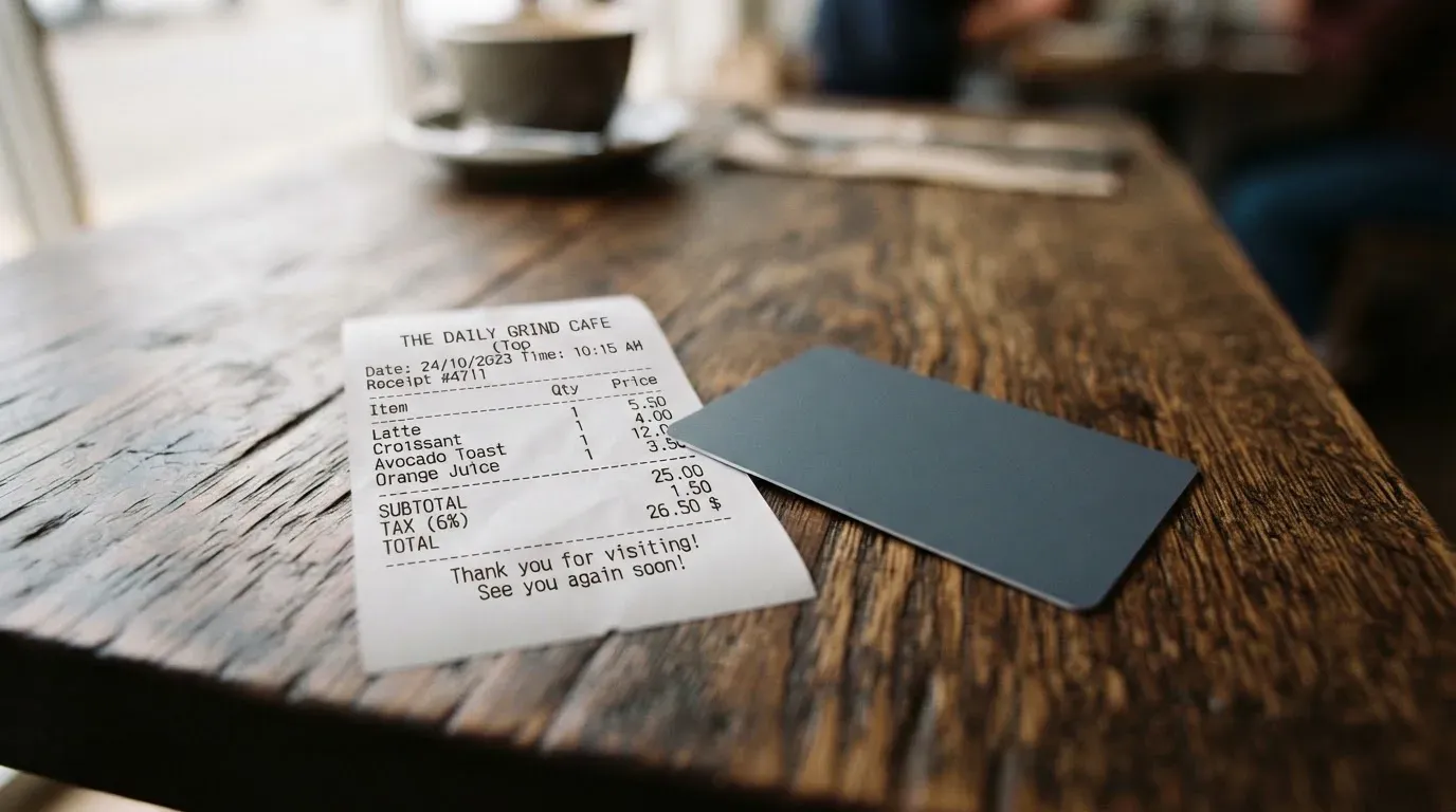 A receipt and a card on a café table