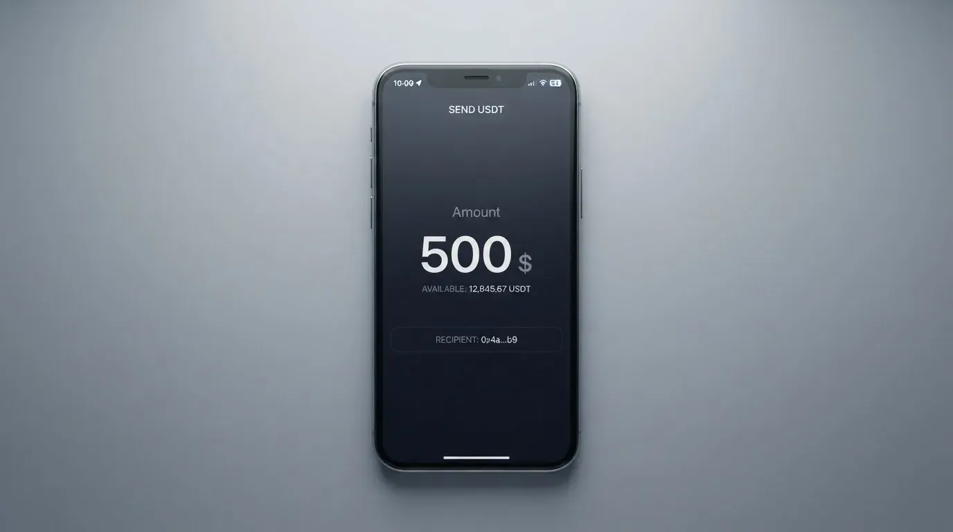 A phone showing a stablecoin transfer screen