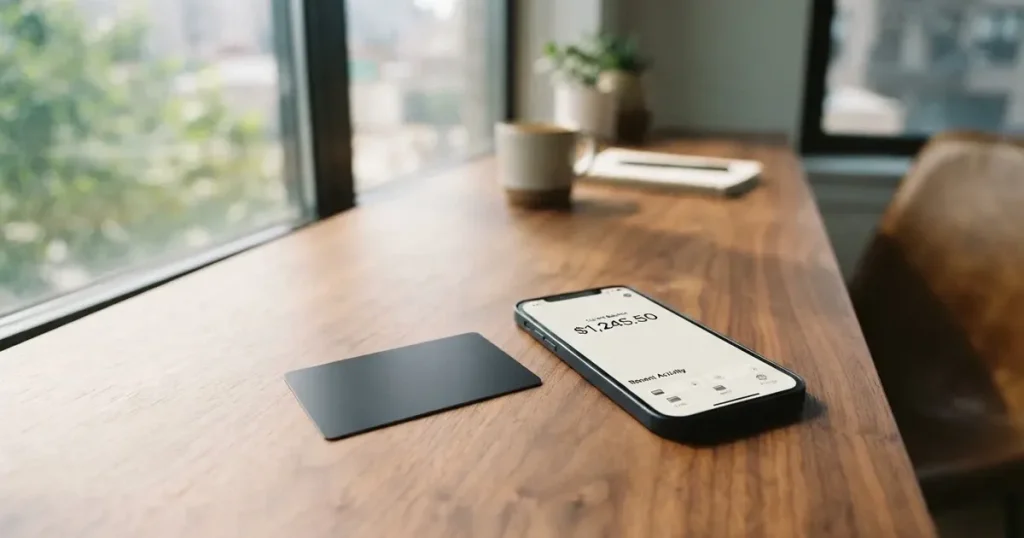 A payment card next to a phone with a crypto wallet app open