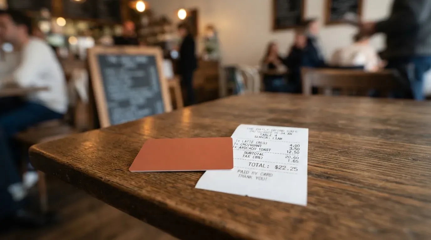 A receipt and a card on a café table