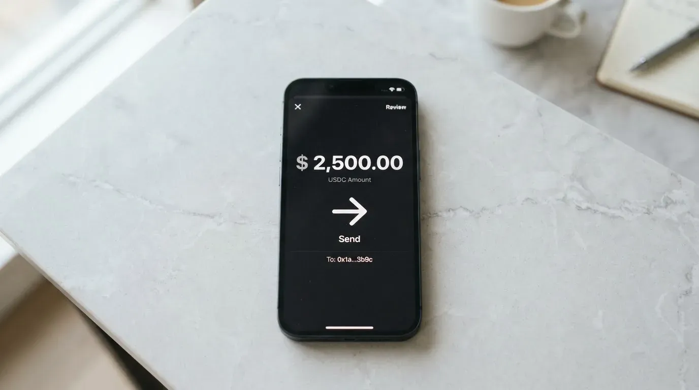 A phone showing a stablecoin transfer screen