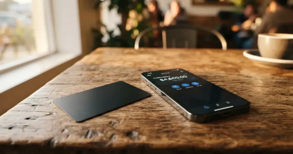 A payment card next to a phone with a crypto wallet app open