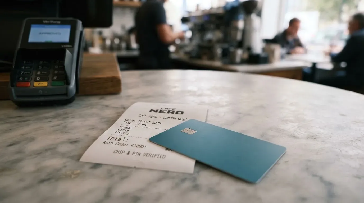 A receipt and a card on a café table