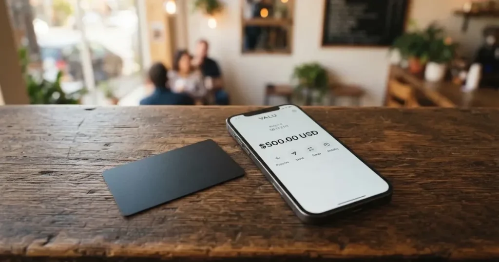 A payment card next to a phone with a crypto wallet app open