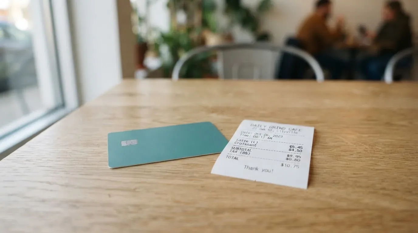 A receipt and a card on a café table