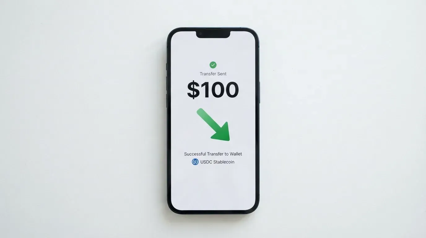 A phone showing a stablecoin transfer screen