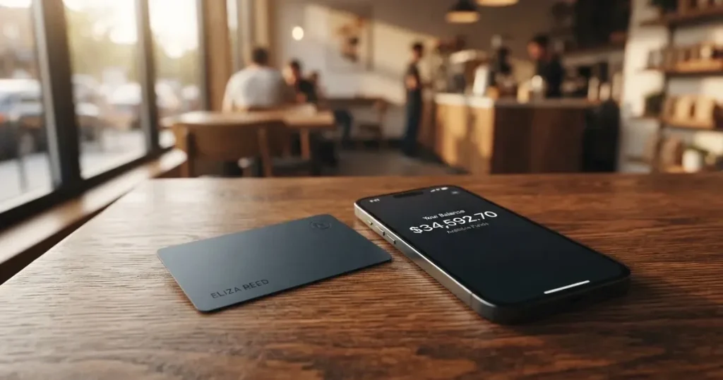 A payment card next to a phone with a crypto wallet app open