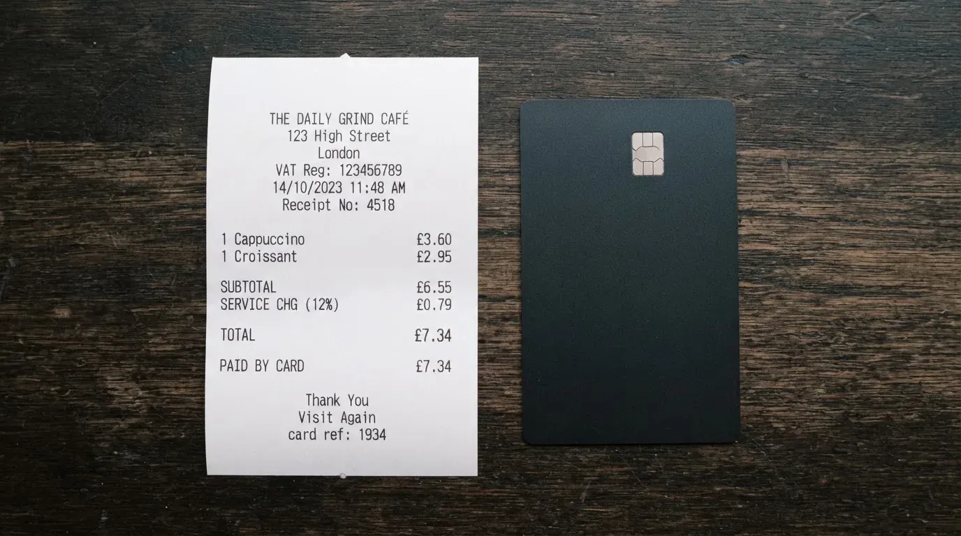 A receipt and a card on a café table