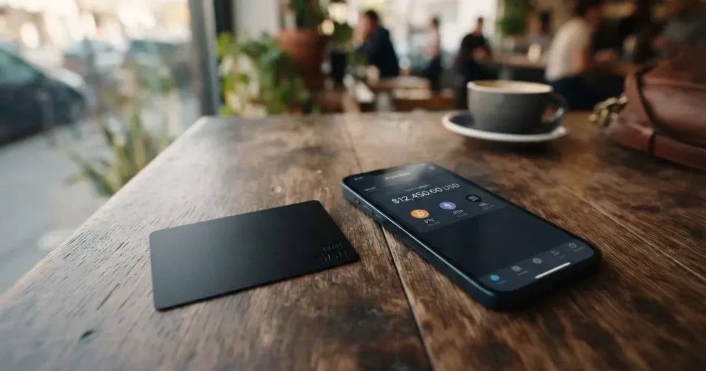A payment card next to a phone with a crypto wallet app open