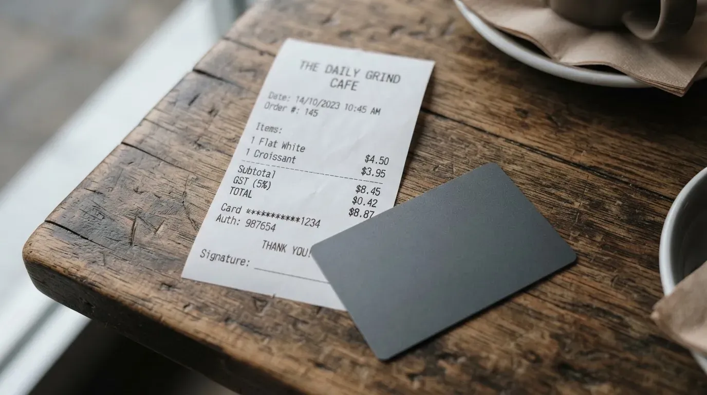 A receipt and a card on a café table