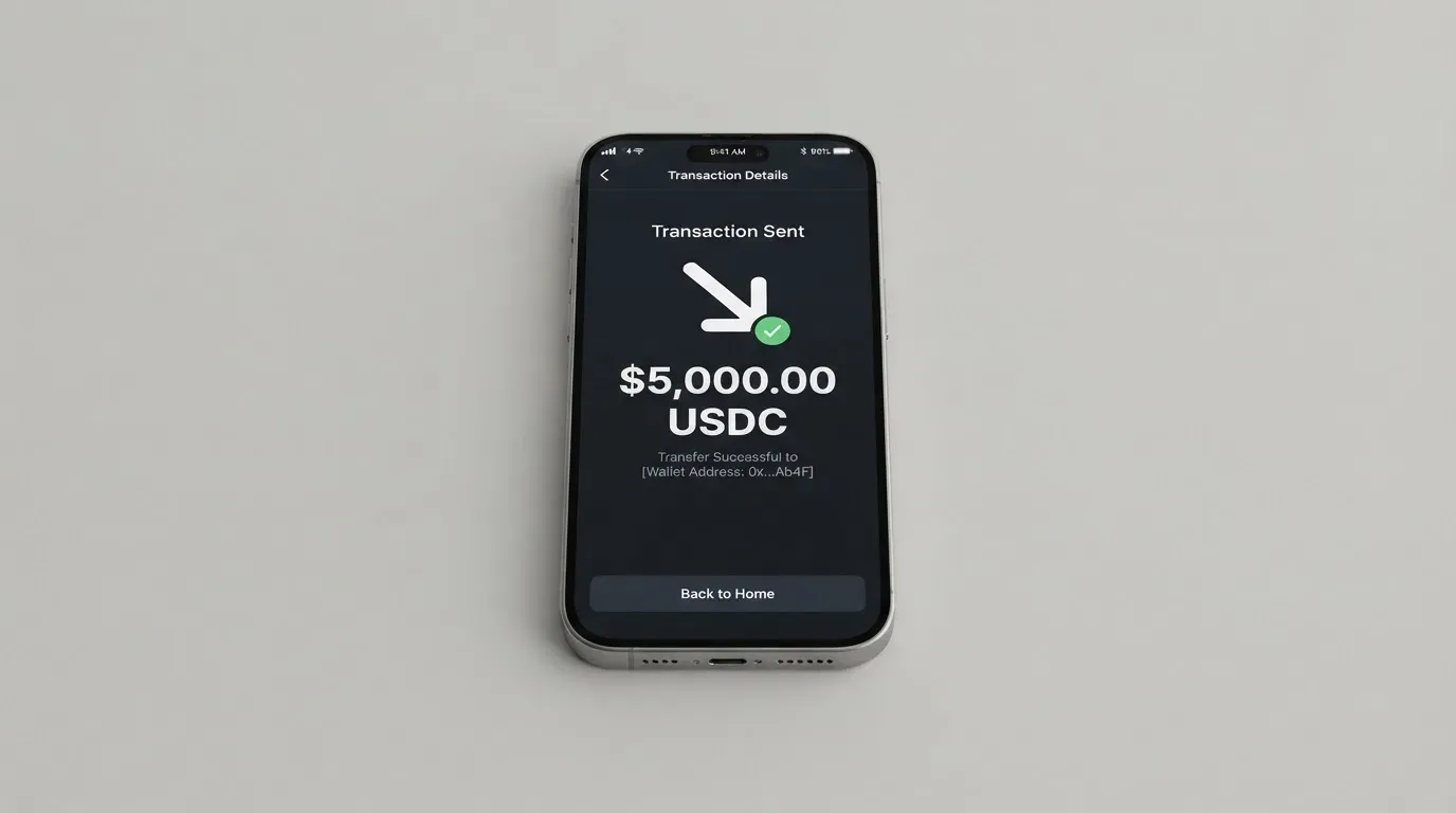 A phone showing a stablecoin transfer screen