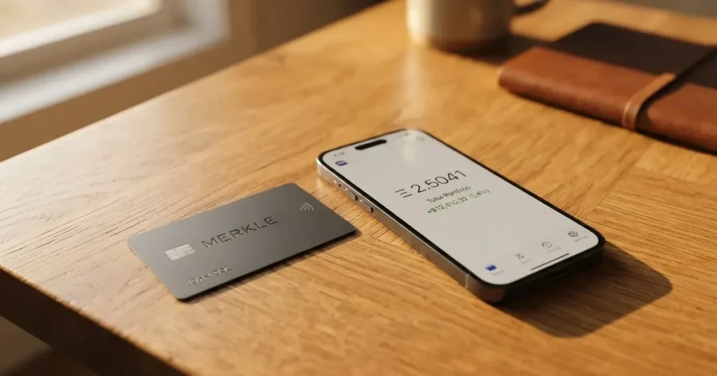A payment card next to a phone with a crypto wallet app open