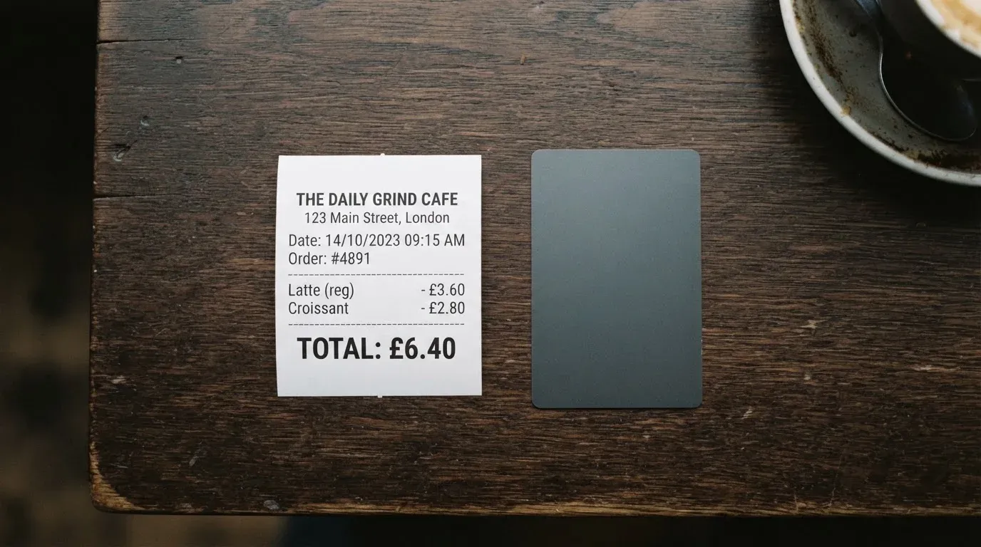 A receipt and a card on a café table