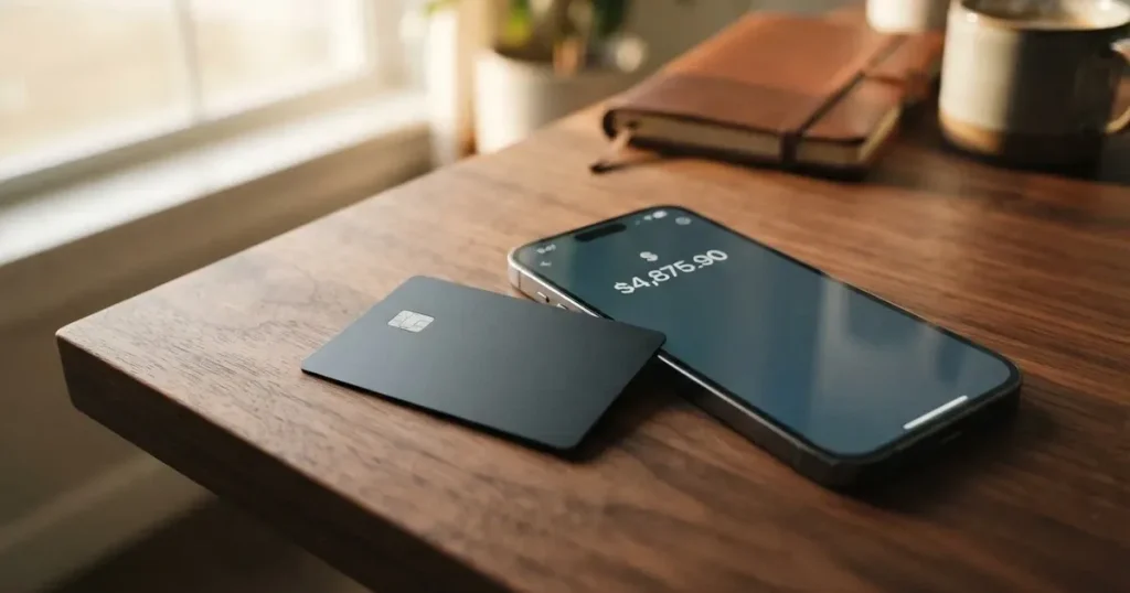 A payment card next to a phone with a crypto wallet app open