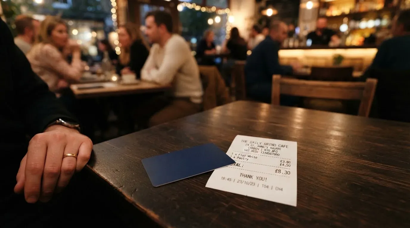 A receipt and a card on a café table