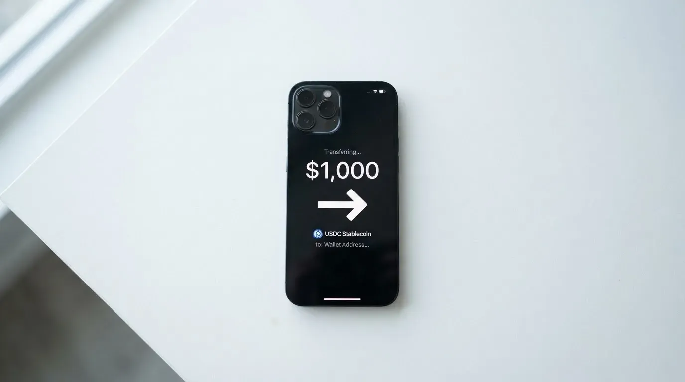 A phone showing a stablecoin transfer screen