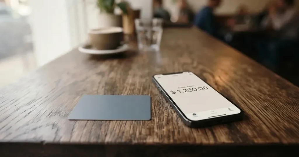 A payment card next to a phone with a crypto wallet app open