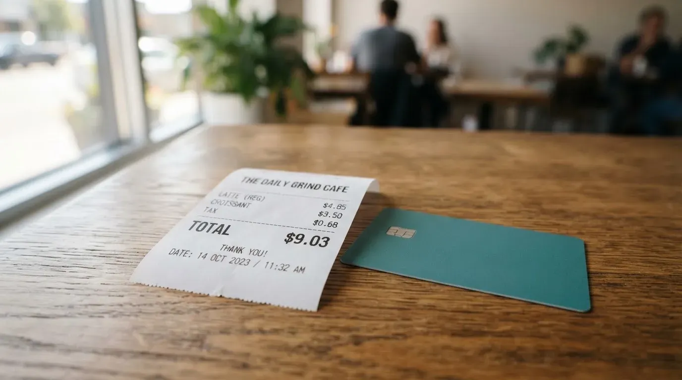 A receipt and a card on a café table