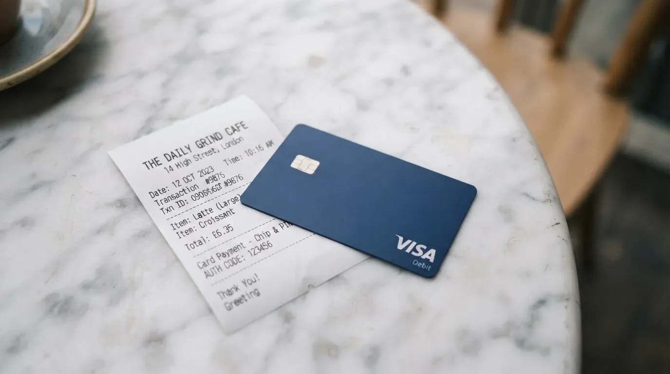 A receipt and a card on a café table