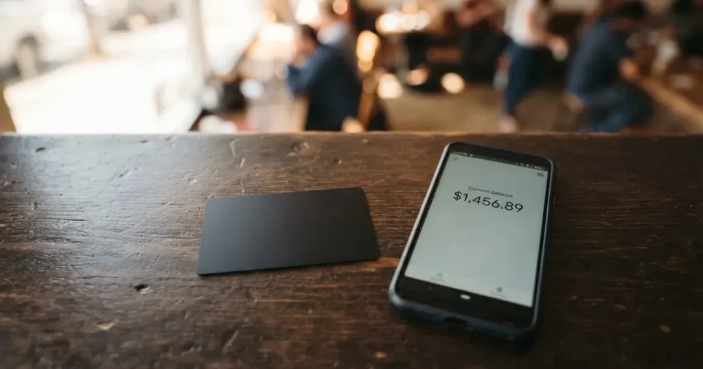A payment card next to a phone with a crypto wallet app open