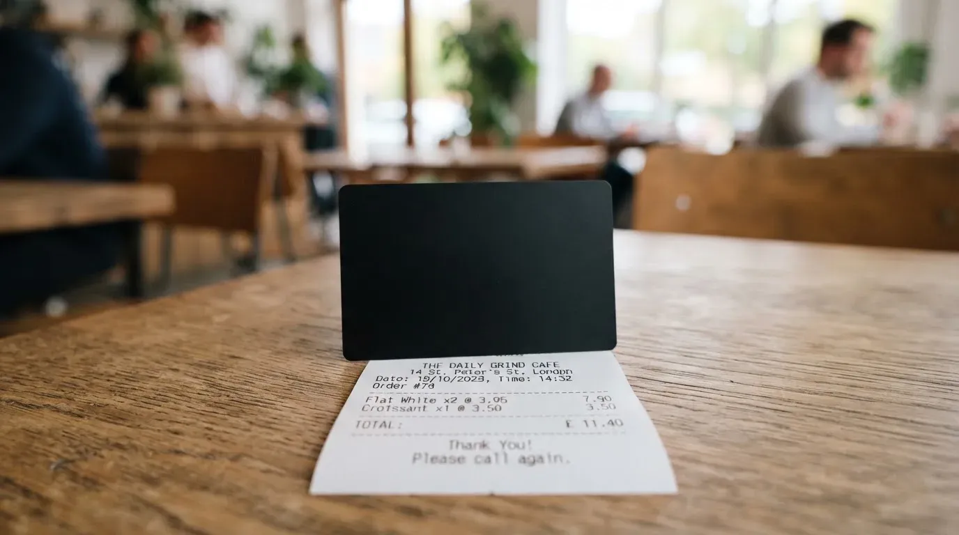 A receipt and a card on a café table