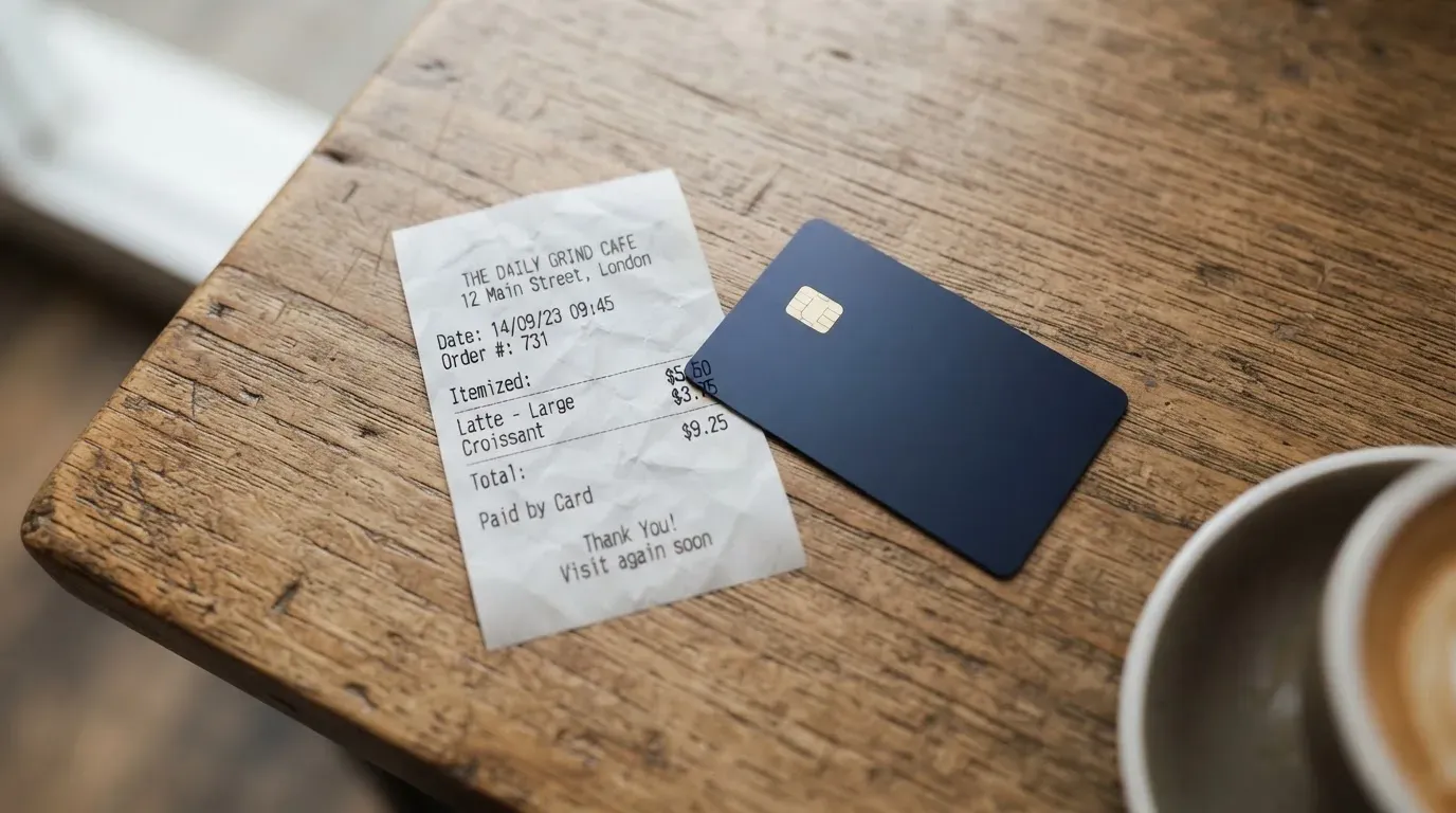 A receipt and a card on a café table