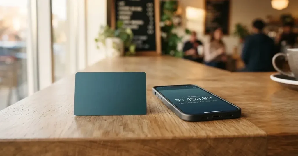 A payment card next to a phone with a crypto wallet app open