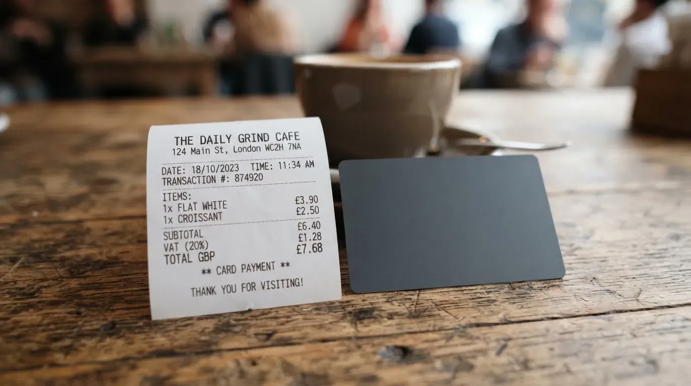 A receipt and a card on a café table