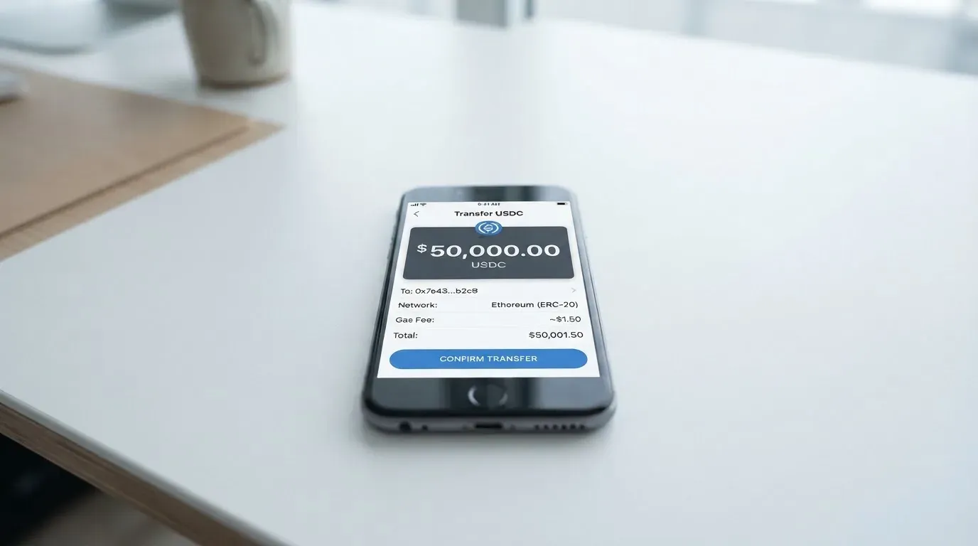 A phone showing a stablecoin transfer screen