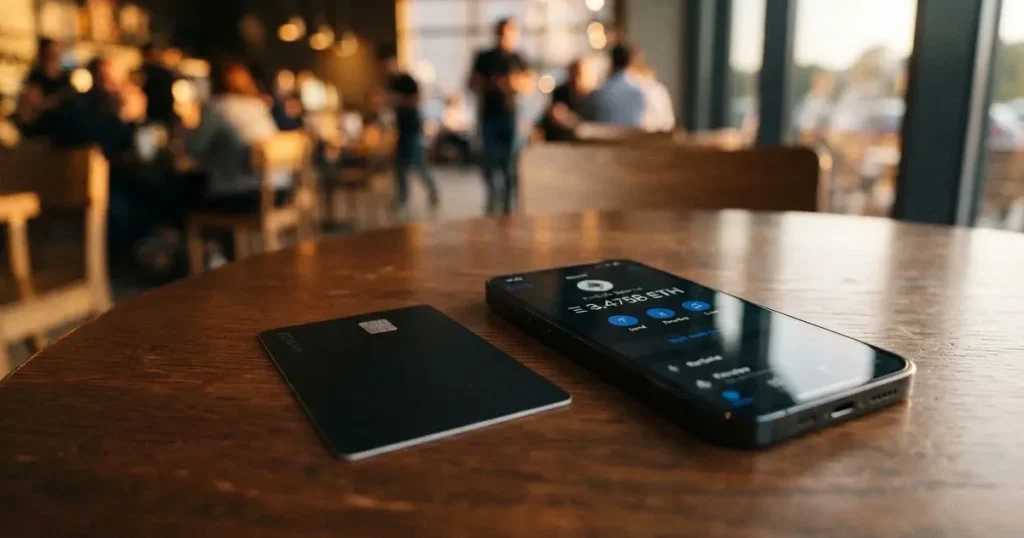 A payment card next to a phone with a crypto wallet app open
