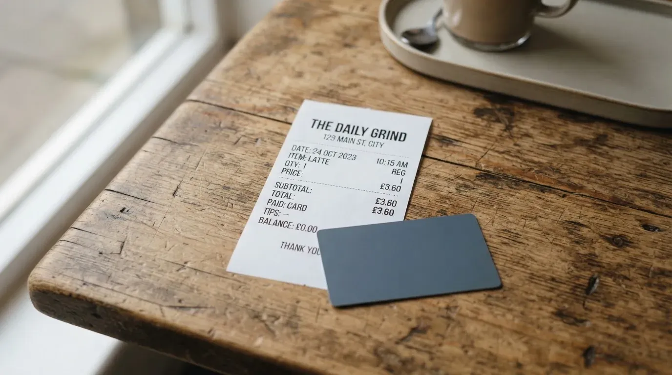 A receipt and a card on a café table