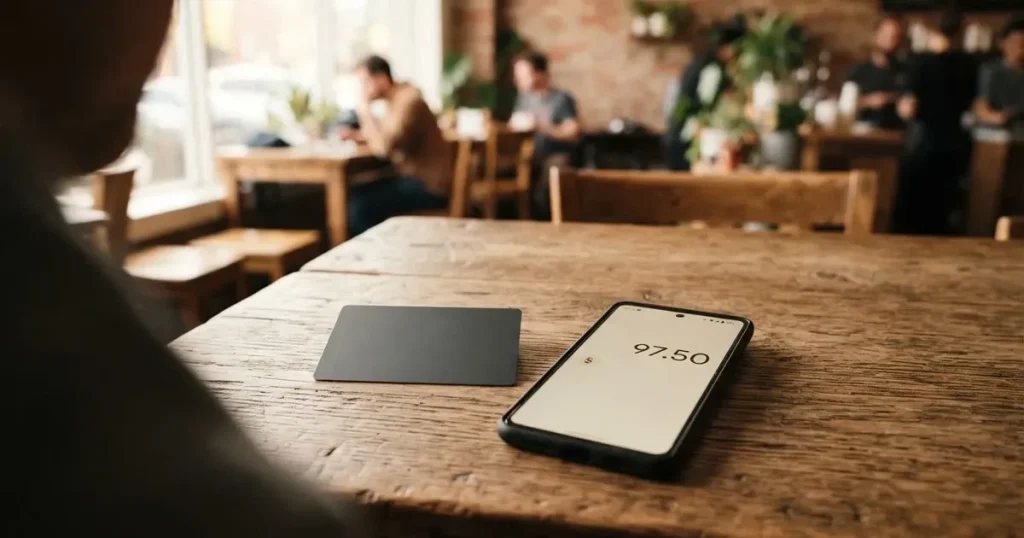 A payment card next to a phone with a crypto wallet app open
