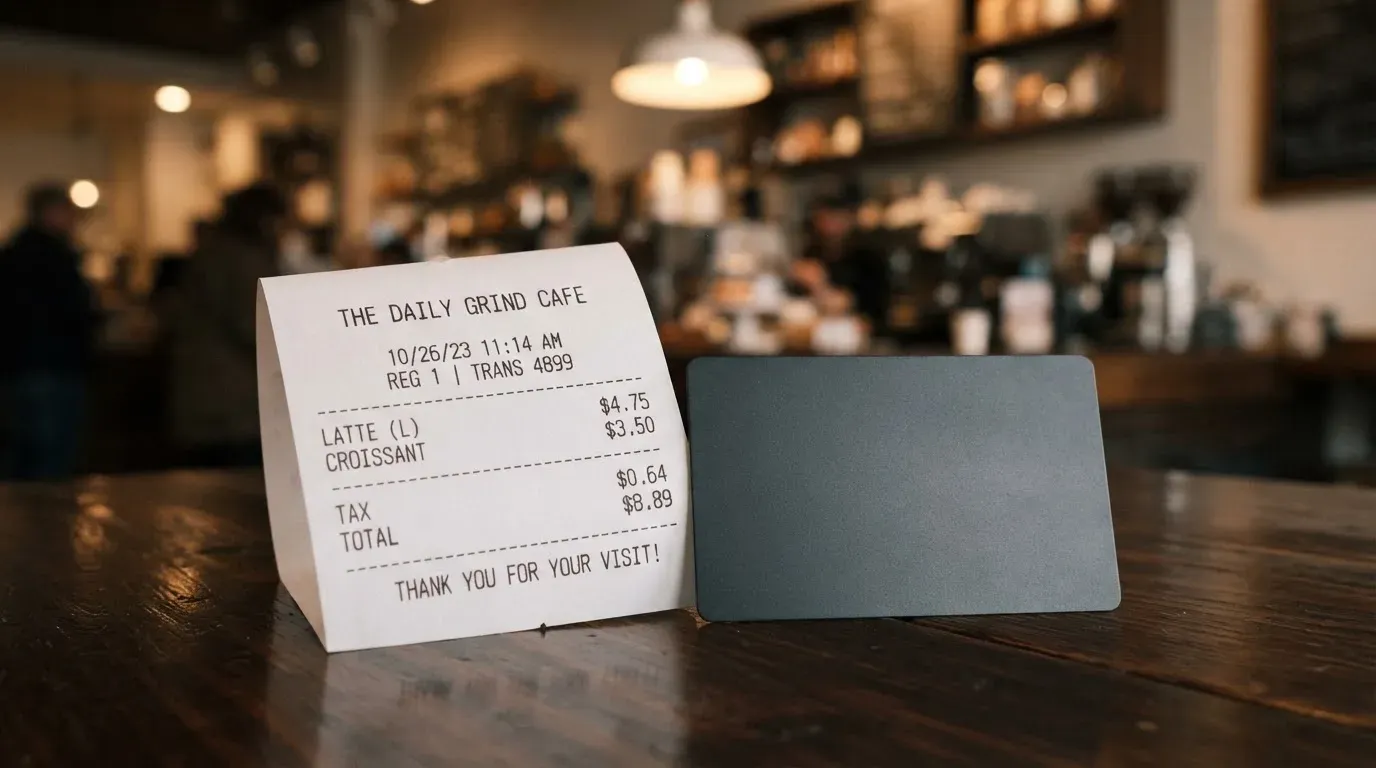 A receipt and a card on a café table