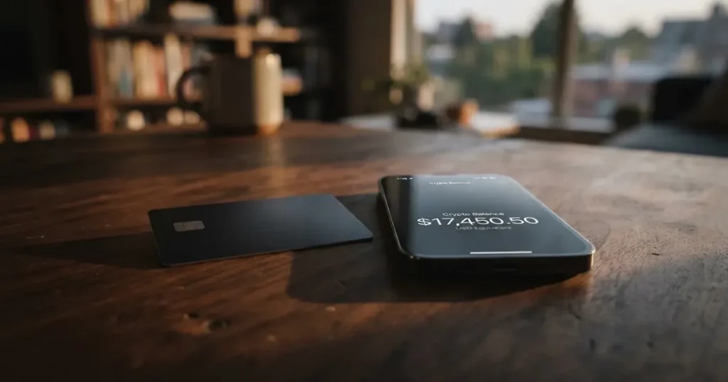 A payment card next to a phone with a crypto wallet app open