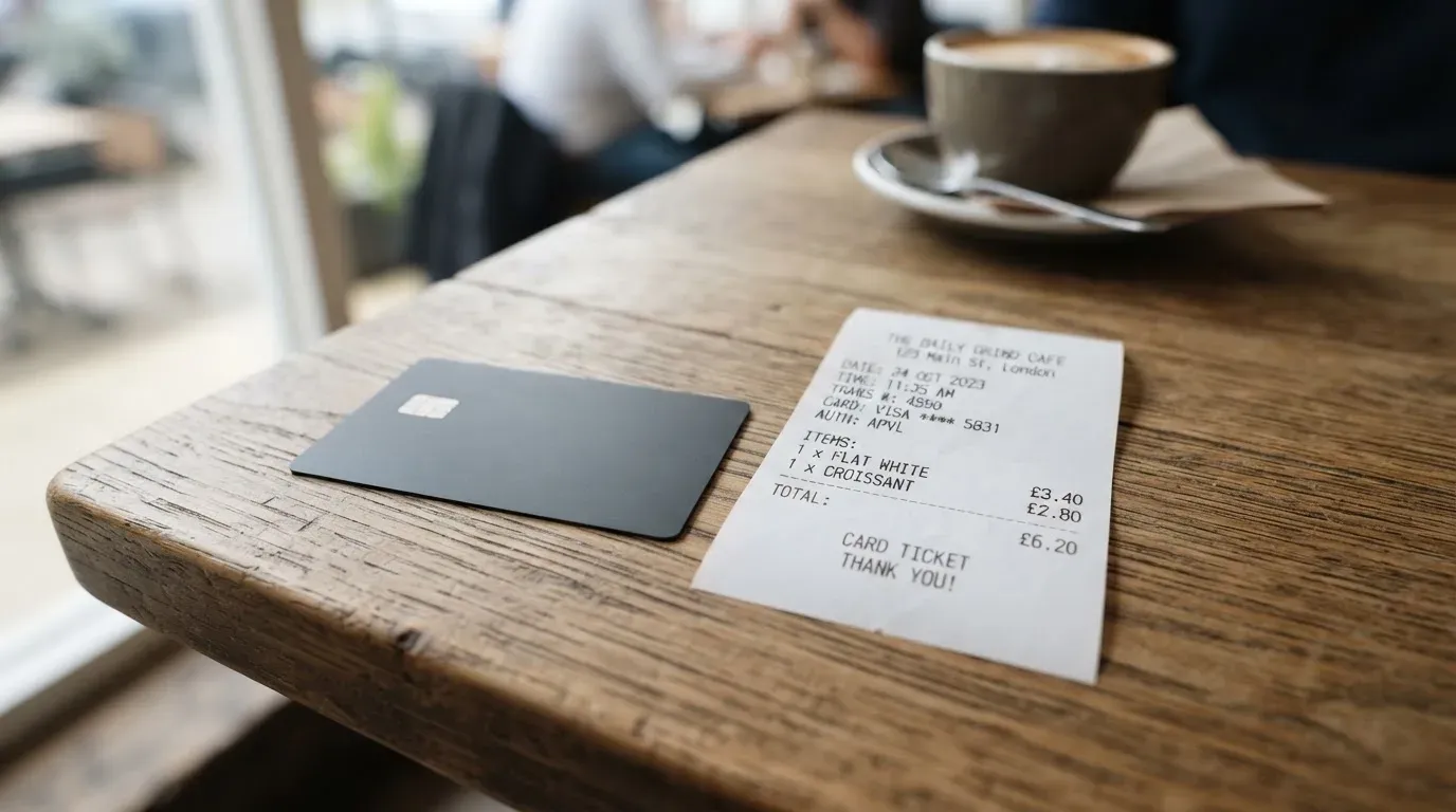 A receipt and a card on a café table