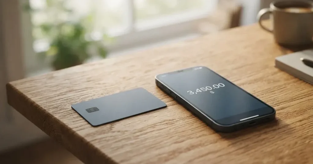 A payment card next to a phone with a crypto wallet app open