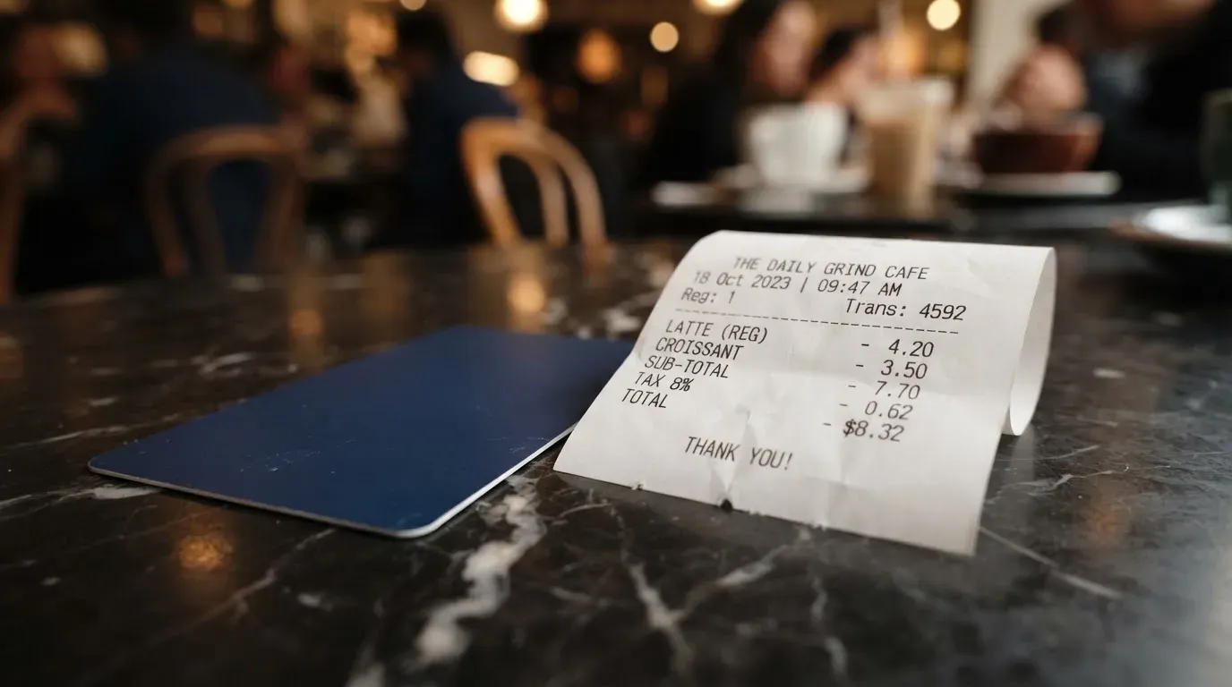A receipt and a card on a café table