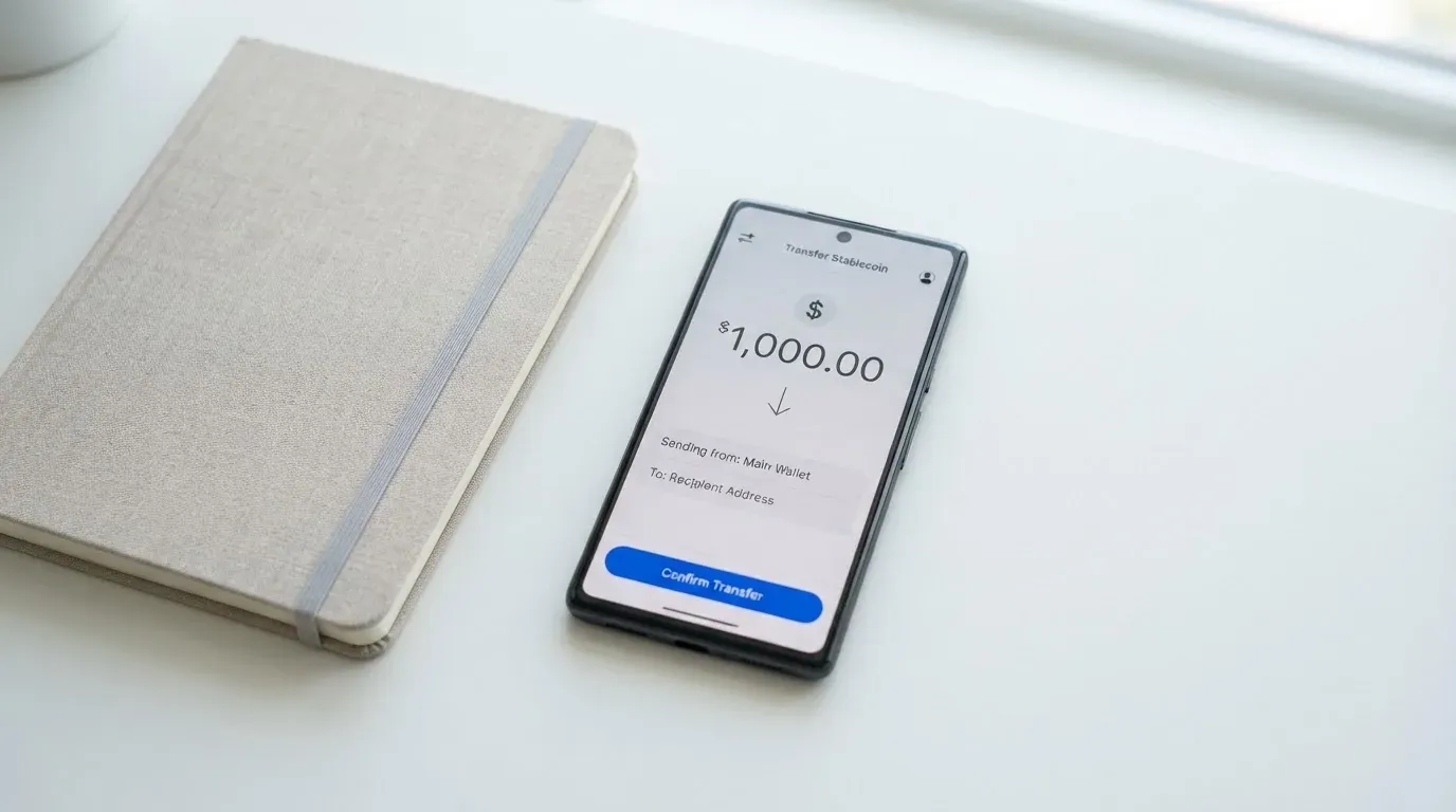 A phone showing a stablecoin transfer screen
