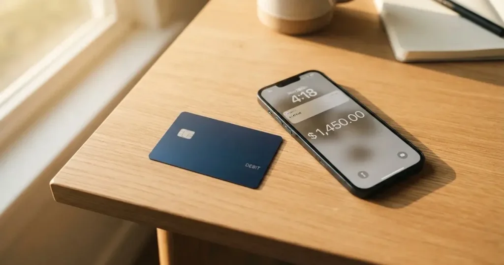 A payment card next to a phone with a crypto wallet app open
