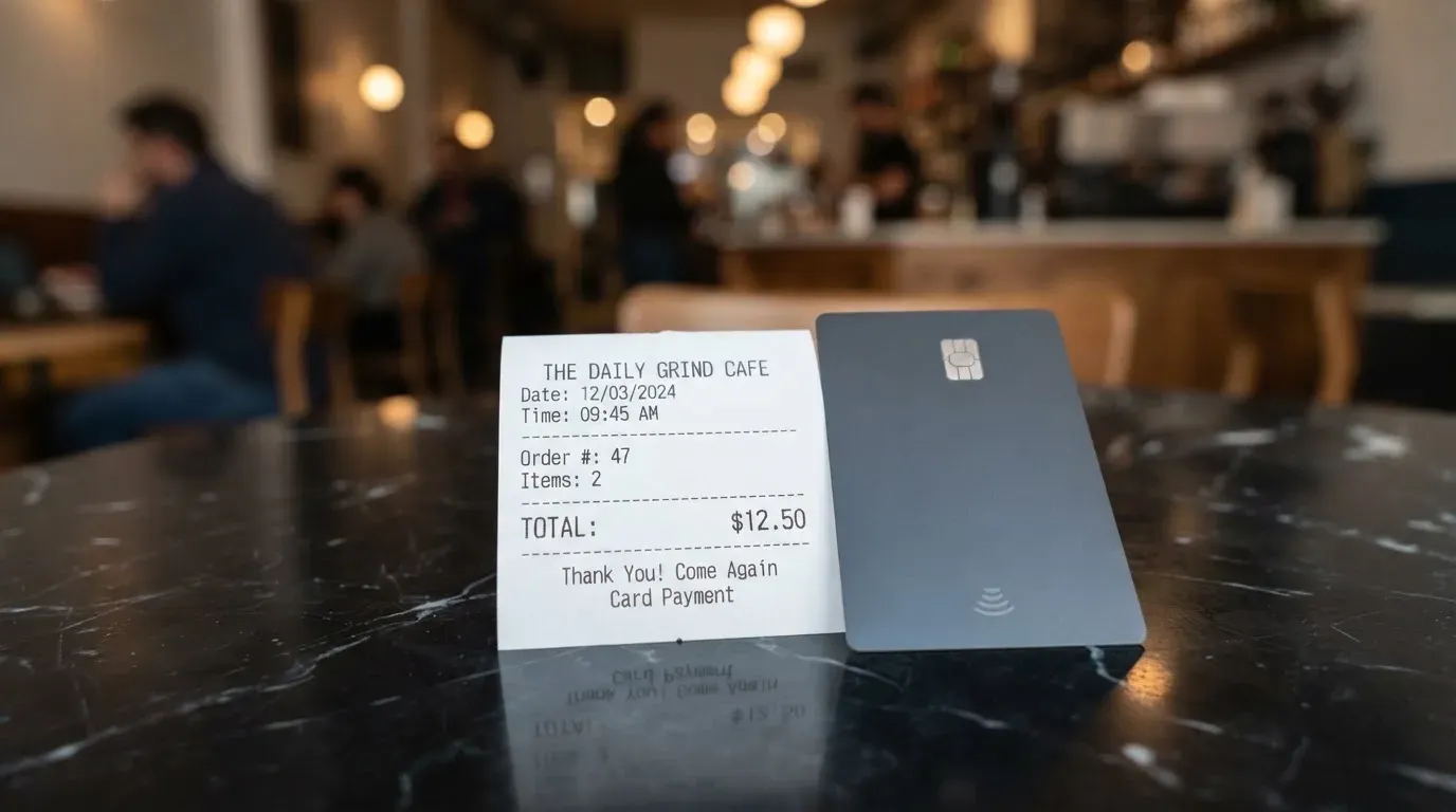 A receipt and a card on a café table