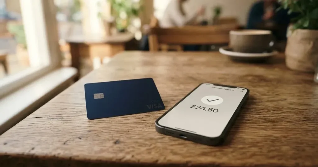 A payment card next to a phone with a crypto wallet app open