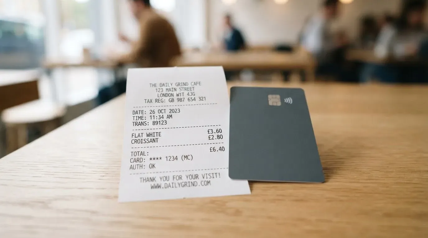 A receipt and a card on a café table