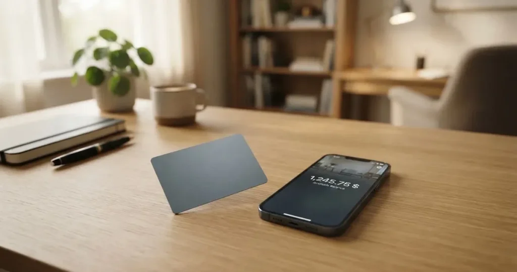 A payment card next to a phone with a crypto wallet app open